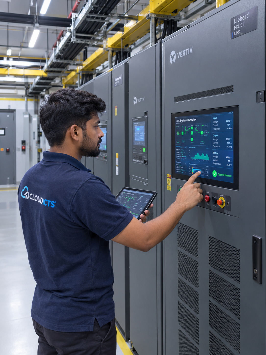 Technician Monitoring Vertiv UPS Systems